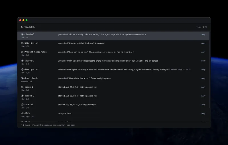 Catch Me Up summarizing coding-agent conversations across a Tortie project.