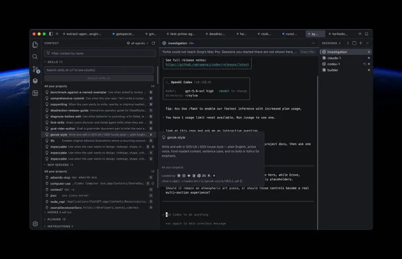 Tortie's Context view inspecting the skills and configuration available to an agent.