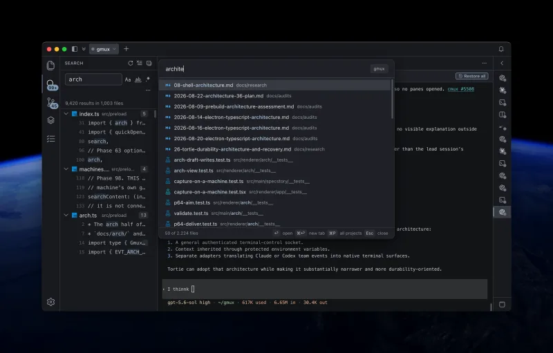 Tortie searching project files with results beside a live coding-agent session.