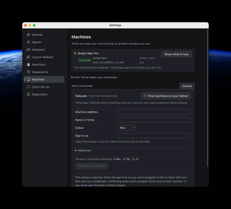Tortie's remote-machine view for connecting to another Mac over SSH.