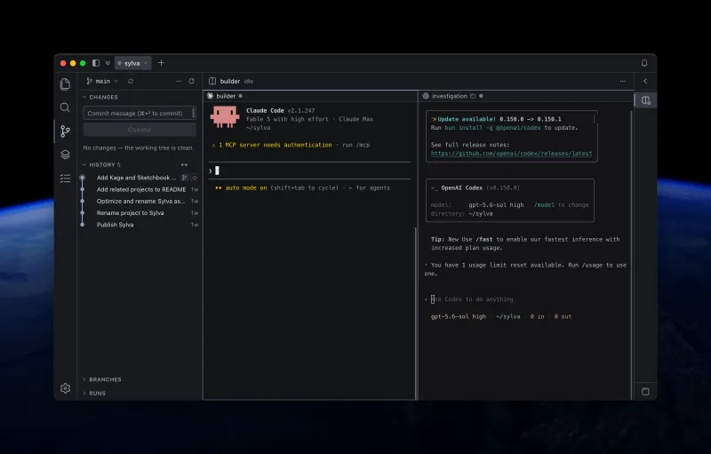 A Tortie project with named coding-agent sessions arranged beside project files.
