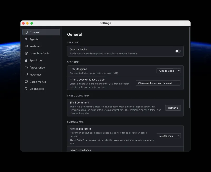 Tortie settings for configuring agents, sessions, appearance, and application behavior.