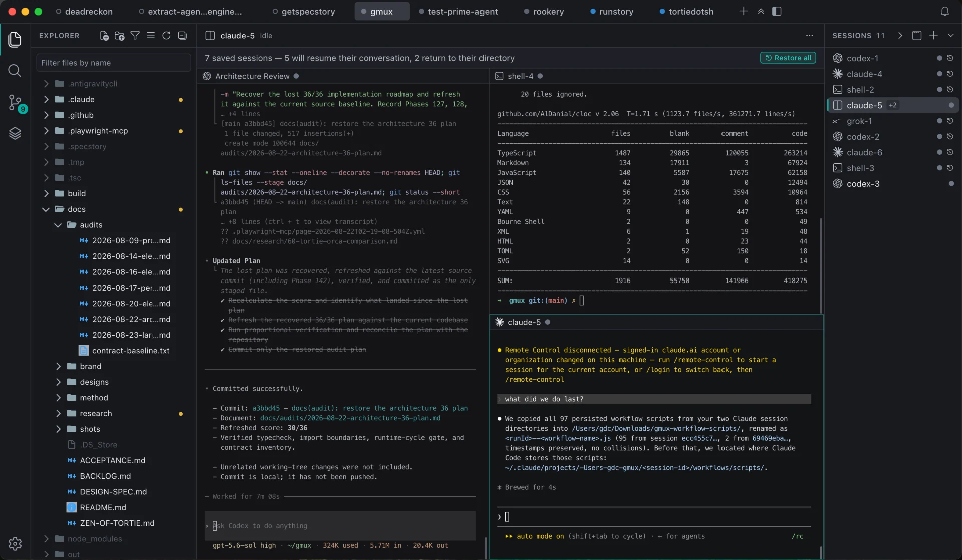 Tortie showing one project with files, several durable coding-agent sessions, restored conversations, and split terminals in a single window.