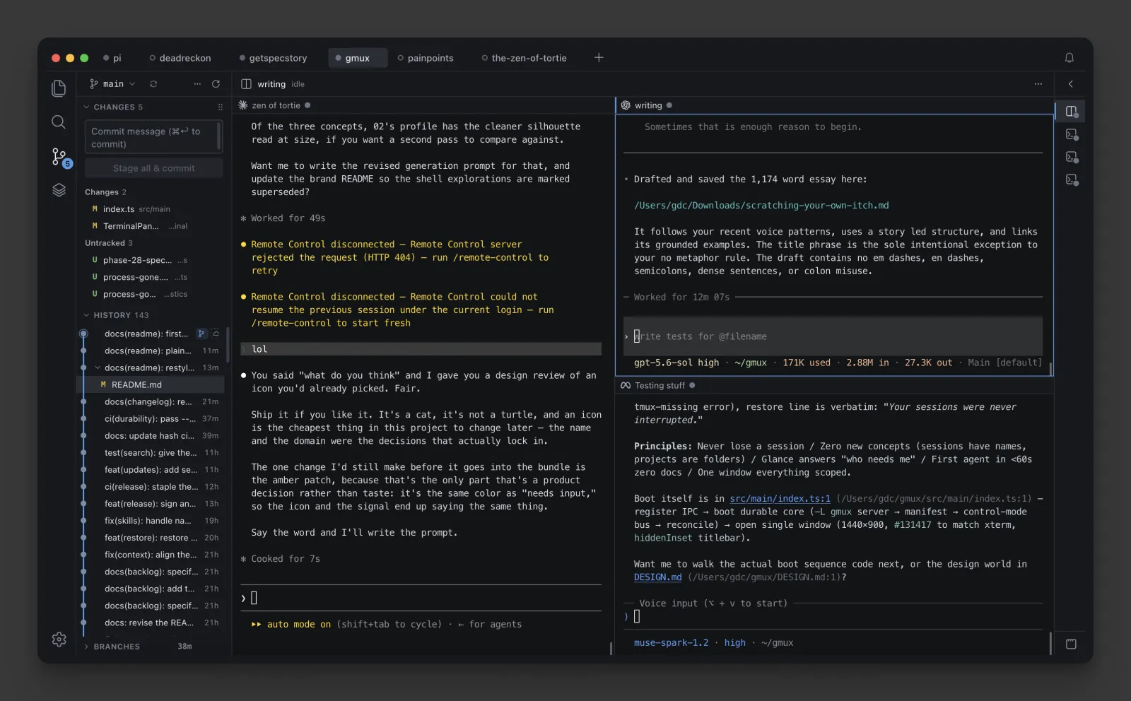Tortie showing coding-agent sessions, project files, and source control in one window.